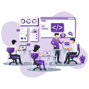 İş toplantısındaki karakterlerin veri ve raporları izlediği modern düz iş analizi konsepti. İş analizi, afiş, iniş sayfası, web şablonu için kullanılabilir. Düz vektör illüstrasyonu