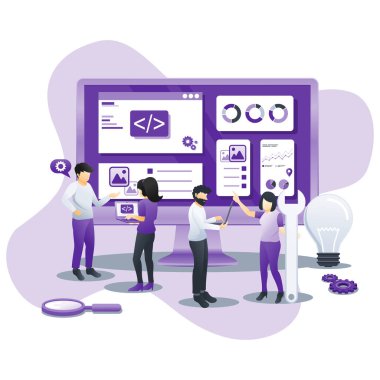 İş toplantısındaki karakterlerin veri ve raporları izlediği modern düz iş analizi konsepti. İş analizi, afiş, iniş sayfası, web şablonu için kullanılabilir. Düz vektör illüstrasyonu