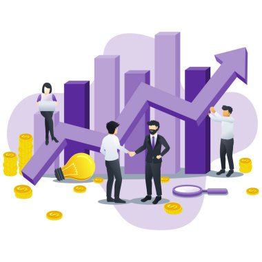 İş toplantısındaki karakterlerin veri ve raporları izlediği modern düz iş analizi konsepti. İş analizi, afiş, iniş sayfası, web şablonu için kullanılabilir. Düz vektör illüstrasyonu