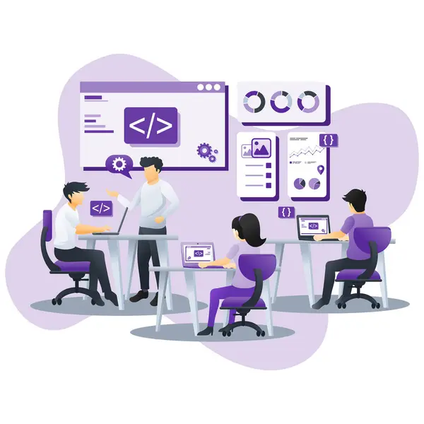 İş toplantısındaki karakterlerin veri ve raporları izlediği modern düz iş analizi konsepti. İş analizi, afiş, iniş sayfası, web şablonu için kullanılabilir. Düz vektör illüstrasyonu