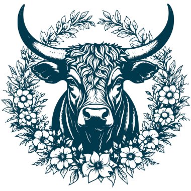 Estetik Çiçek Çiçekli Boğa İllüstrasyonu Grafik Çiçek Çelengi Silüeti Çizimi
