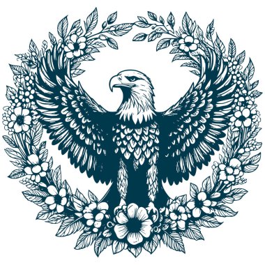 Estetik Çiçek Kartalı Çizimsel Çelenk Silüeti Çizimi