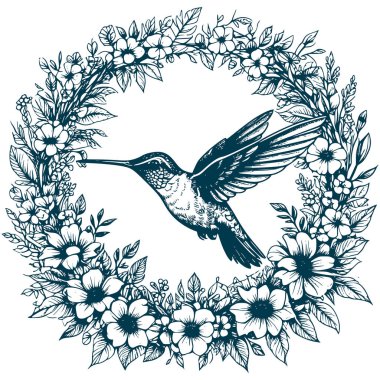 Estetik Çiçek Çiçeği Sinekkuşu İllüstrasyon Grafik Çiçek Çelengi Silüeti Çizimi