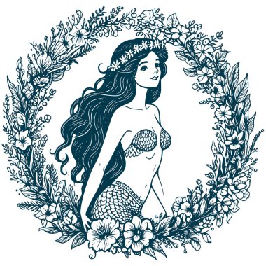 Estetik Çiçek Denizkızı İllüstrasyonu Grafik Çiçek Çelengi Silüeti Çizimi