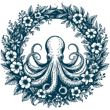 Estetik Çiçek Ahtapot Resimleri Grafik Çiçek Çelengi Silüeti Çizimi