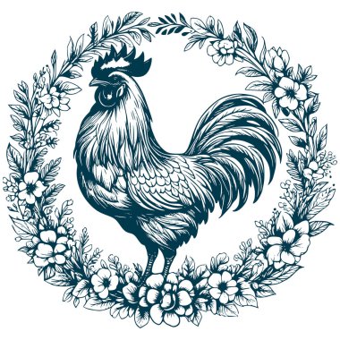 Estetik Çiçek Horozu İllüstrasyonu Grafik Çiçek Çelengi Silüeti Çizimi