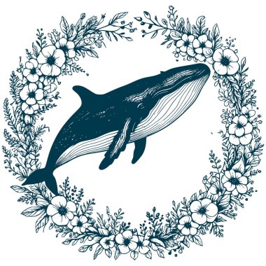 Estetik Çiçek Balinası İllüstrasyonu Grafik Çiçek Çelengi Silüeti Çizimi
