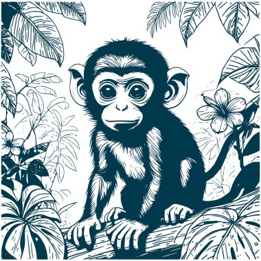 Estetik Bebek Maymun Silueti Grafik Ormanı Görüntü Vektörü İllüstrasyonu