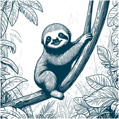 Estetik Bebek Tembel Tembelliği Grafik Ormanı Görüntü Vektörü İllüstrasyonu