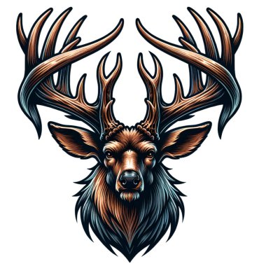 Boynuzlu geyik. Vahşi hayvan. Dövme, rozet, etiket, rozet, amblem için vektör çizimi. Beyaz üzerine izole edilmiş. Boynuzlu hayvan.