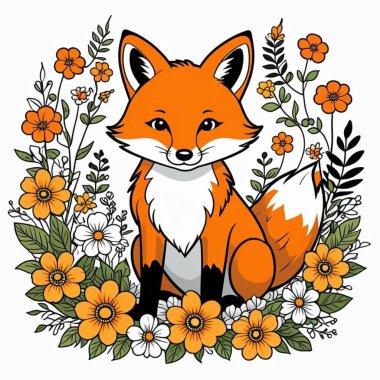 Çiçekli arkaplanı olan şirin bir tilki.