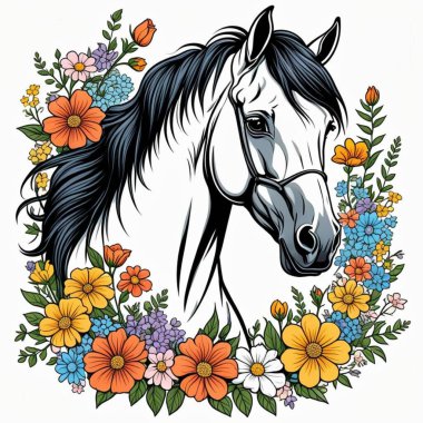 At ve çiçekler, vektör illüstrasyonu