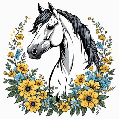 At ve çiçekler, el çizimi, vektör