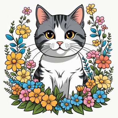 Çiçekleri ve yaprakları olan sevimli bir kedi yavrusu. vektör illüstrasyonu.