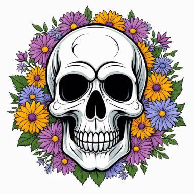 vektör el - çiçek ve kafatası ile çizilmiş çiçek kartı