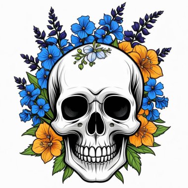 Çiçekli kafatası ve güller, vektör illüstrasyonu