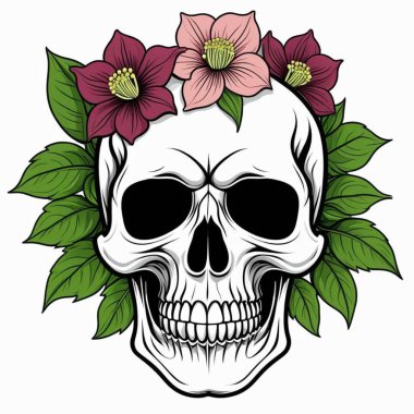 Çiçekli kafatası. Dövme. vektör illüstrasyonu.