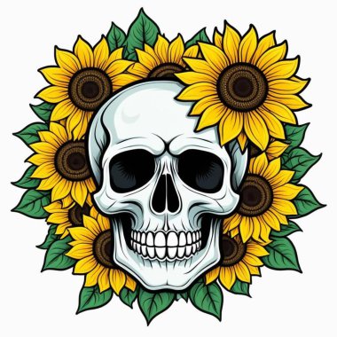 Ayçiçeği başı ve kafatası ile çiçeğin vektör çizimi. beyaz arkaplanda izole.