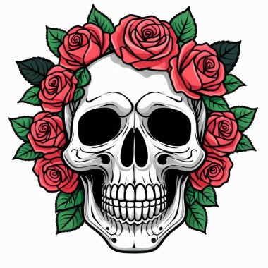 Beyaz arkaplanda gül ve güllerle kafatasının vektör çizimi