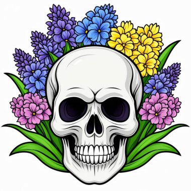 Çiçek şeklinde güllü kafatası, illüstrasyon, vektör