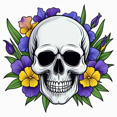 Çiçekleri ve yaprakları olan klasik bir kafatası. vektör illüstrasyonu.