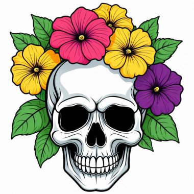 kafatası ve çiçeklerle vektör çizim.