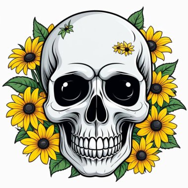 vector illustration of a skull with flowers and leaves