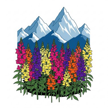 Çam ağacı vektör illüstrasyon tasarımı ile çiçekler ve dağ