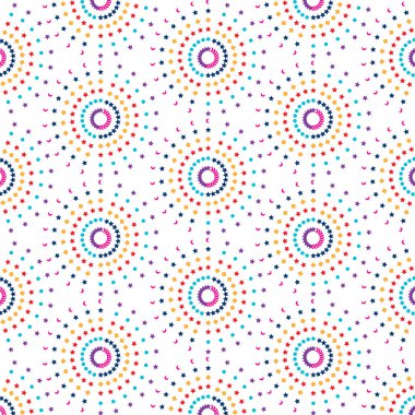 Seamless pattern with little rounded stars, dots and strokes on white background.