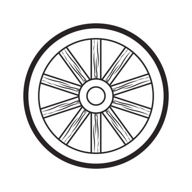 Zamanın eski ahşap tekerleği. Antika ahşap tekerlek, mürekkep çizilmiş el resmi..