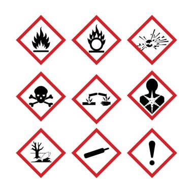 GHS tehlikeli Pictogram vektörü. Etiketleme Kimyasalları. Patlayıcı, yanıcı, oksijenlendirici, sıkıştırılmış gaz, aşındırıcı, toksik, zararlı, sağlığa zararlı ve çevreye zararlı.