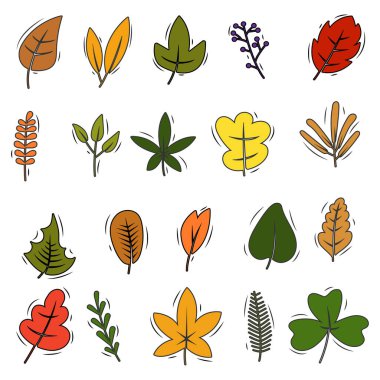 Renkli yaprak vektör illüstrasyonu koleksiyonu, beyaz arkaplan seti üzerindeki renkli yaprak simgeleri