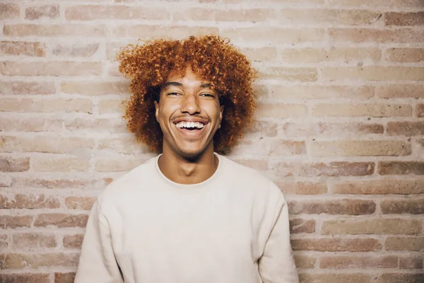 Tuğladan duvar arkası olan afro saçlı, gülümseyen Afro Amerikalı bir adamın portresi..