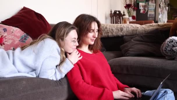 커플은 친밀한 장면에서 소파에 그들의 거실에서 노트북에 연구를 레즈비언 여자는 — 비디오
