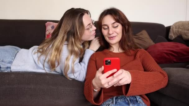 Schwule Pärchen Liegen Auf Dem Sofa Und Recherchieren Telefon Ihrem — Stockvideo