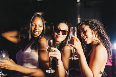 Bir gece kulübündeki canlı bir partide dans eden bir grup neşeli arkadaş. Genç, gülümseyen kadınlar dans ediyor ve eğleniyorlar..