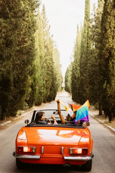 İki kadın gökkuşağı sallıyor ve interseksüellik gurur bayrakları turuncu, üstü açılabilir bir arabayla ağaçlık bir yolda ilerliyorlar.