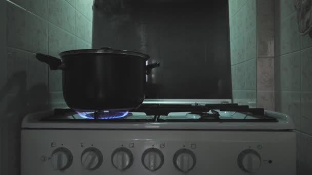 Cozinha Uma Panela Com Uma Tampa Fogão Com Água Trouxe — Vídeo de Stock
