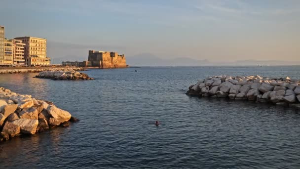 Naples Italy Woman Takes Bath Sea Naples Partenope Late Afternoon — Wideo stockowe
