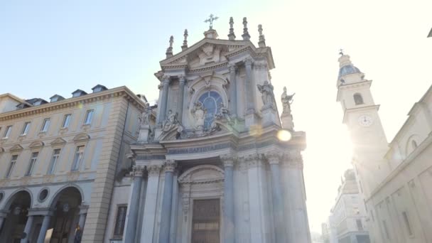 Turín Italia Derecha Roma Campanario Iglesia San Carlo Borromeo Izquierda — Vídeo de stock