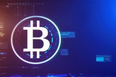 Mavi arkaplanda bitcoin sembolü fütüristik ve modern tarzda, sağ tarafta kopya alanı ile.