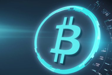 Mavi Bitcoin sembolü, fütüristik ve modern tarzda koyu bir arkaplanda, ışık demetleri ile çevrelenmiş, sol tarafta kopyalama alanı var..