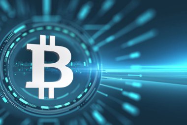 Bitcoin sembolü mavi arkaplan üzerinde fütüristik ve modern tarzda, donanım deşifre sistemi tarafından daire içine alınmış, sağında kopyalama alanı olan.