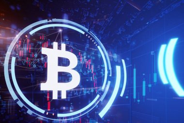 Bitcoin sembolü mavi arkaplan üzerinde fütüristik ve modern tarzda, donanım deşifre sistemi tarafından daire içine alınmış, sağında kopyalama alanı olan.