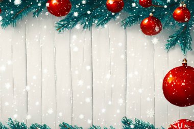 Kış ve Noel temalı arka plan fotokopi alanı, eski beyaz ahşap tahta, köknar dalları, kırmızı mücevher.