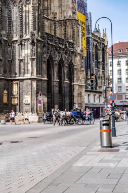 Viyana, Avusturya. Stephansdom Katedrali 'nin kuzey cephesi, turist arabalarıyla, Stephansplatz' da, yazın. Dikey görüntü. 2023-08-02.