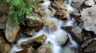 Ceresole Reale, İtalya. Ceresole Gölü yakınlarındaki Dres şelalesinin yanındaki bir dağ deresinin kayaları arasında küçük şelaleler. Bakir doğa, saf su, akan su, yaşam kaynağı kavramı..