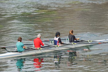 Torino, İtalya. Dört orta yaşlı insan kışın Po nehrinde kürek çekiyorlar. Aktif son sınıflar, birlikte spor yapıyorlar, arkadan görülüyorlar. 2024-02-18.