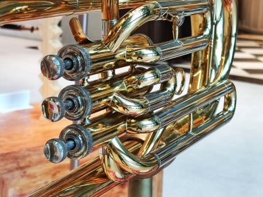 Parlak altın bir trompete yakın çekim.