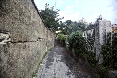 Bulutlu bir günde, ağaçlar ve bitkilerle dolu taş duvarlar arasında bir ara sokağın girişinde.